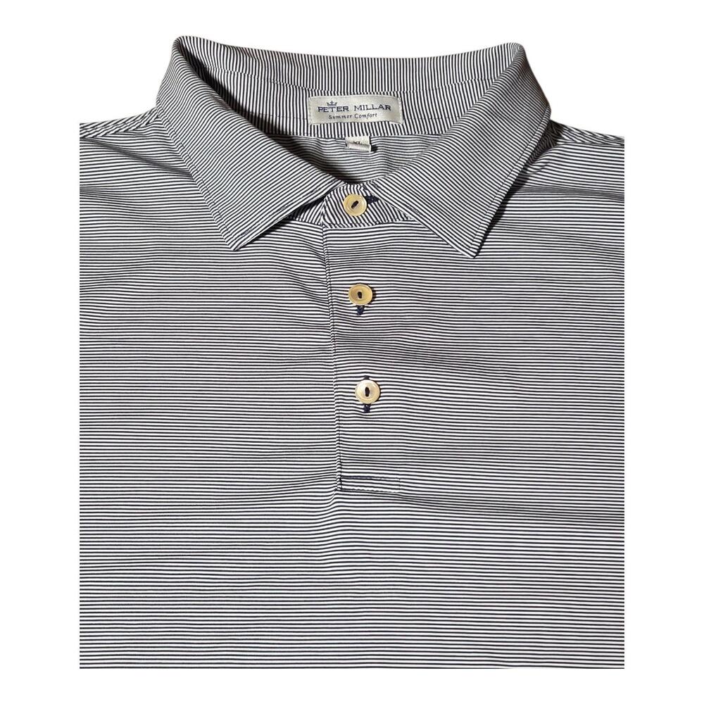 Peter Millar Summer Comfort Polo Shirt XL Blue White Stripe ABC Logo Golf A27